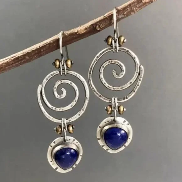⛔️SOLD⛔️ Natural Blue Lapis Lazuli Boho Handcrafted Silver Dangling Earrings NWT - Picture 4 of 12